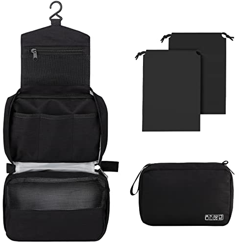 Larkumio Kulturbeutel Herren Damen zum Aufhängen, Kulturtasche Waschtasche Kosmetiktasche Männer Waschbeutel Toiletttasche Groß mit Handhaben, 1 Toiletry Bag + 2 Kordelzug Tasche, Schwarz