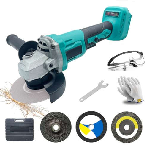 Akku Winkelschleifer, Bürstenloser Akku Schleifer, kompatibel mit Makita 18V Akku, 3-Stufig Verstellbar, mit Zusatzhandgriff, Handschuhen, Schutzbrille und Schleifblattsatz (4-Zoll-Set)