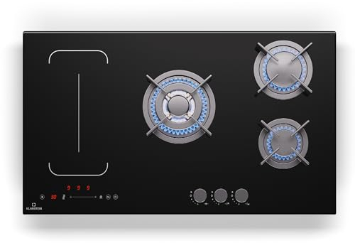 Klarstein MultiChef 5 Plaque Induction Et Gaz - Table De Cuisson À, 5 Zones, Flexzone, Stop&Go, Minuterie, Supports En Fonte, Noir, 87.5Cm