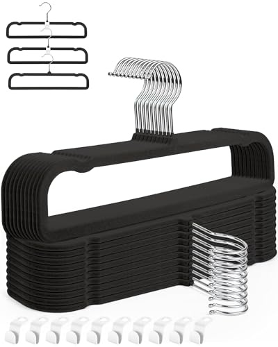 Velvet Pant Hangers, 20pcs Heavy Duty Flocked Trouser Hangers with Non-Slip Bar, 35cm(L) Adult Clothes Hanger with Swivel Hook, Slim Felt Jean Hangers (Black-Silver) Short Neck Huggable Hangar