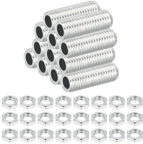 PATIKIL Tige Filetée Creuse M8 Filetage Fin pour Lampe en Acier au Carbone avec Écrou, 12 pcs 25mm Adaptateur de Filetage Tube Creux, Matériel Fixation pour Lampes, Placage de Zinc Blanc