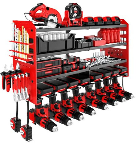 Rangement mural pour outils, perceuse à percussion, étagère à outils, en métal lourd, organisateur avec support de tournevis latéral pour garage, atelier, rose, 8 caméras