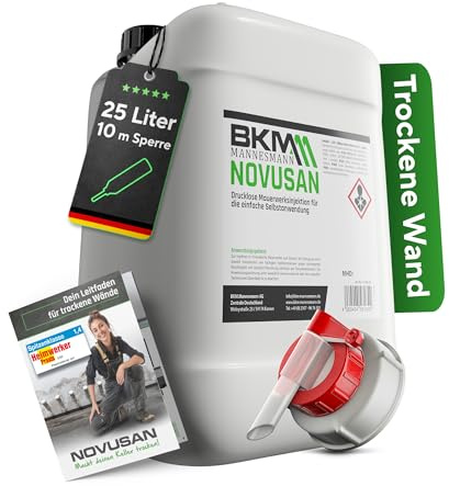 Novusan Nachfüllkanister mit Dosierhahn - Injektionsverfahren für trockene Wände - nachträgliche Horizontalsperre zum Trockenlegen von Keller & Mauerwerk - gegen Feuchtigkeit (Transparent, 25 Liter)