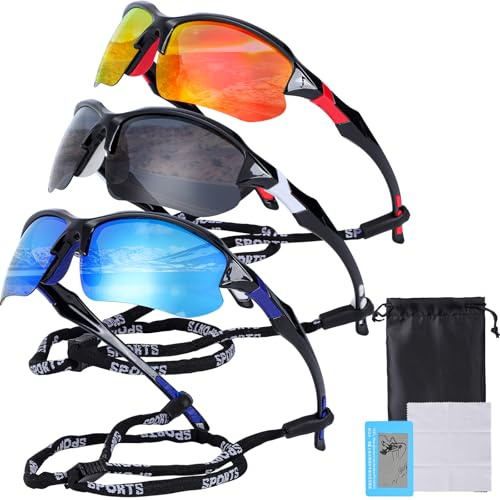 Risipu 3 Pack Sports Sunglasses for Men Women, Polarized Cycling Sunglasses UV Protection Lightweight Half Frame Bike Goggles Sunglass for Running Fishing Golf Driving