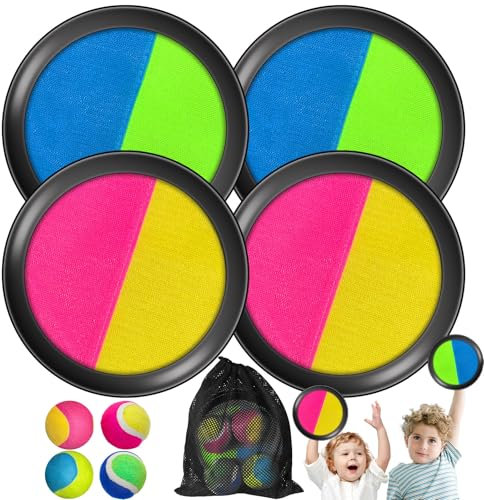Balle Raquette Scratch Jeux pour Enfants à Partir de 3, 4, 5, 6, avec 4 Disques de Capture et 4 Balles, pour l'extérieur, Jeu de Lancer et d'attraper pour fête, Jardin, intérieur et extérieur