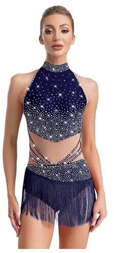 MSemis Donne Balletto Body Danza Classica Ginnastica Senza Maniche Ballet Leotard Vestito da Pattinaggio Artistico con Nappe Strass Abtio da Ballo Latino Competizione Blu scuro S