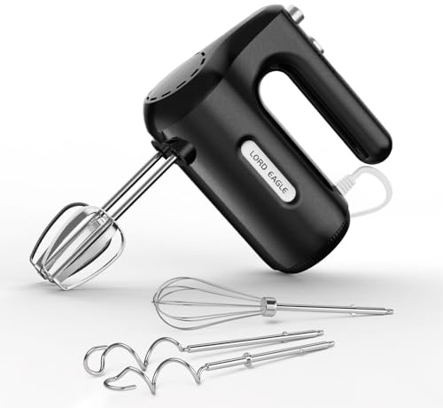 Lord Eagle 5-Speed Hand Mixer Electric, 300W Compact Handheld Mixer, Portable Kitchen Egg Beater with 5 Attachments & Storage Bag, Cake Supplies for Bread Dough Baking, Lightweight, Black