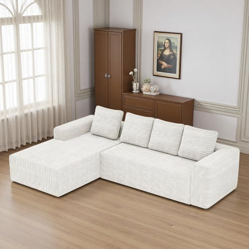 Sapgaks Sofá esquinero de 4 plazas, sofá de 3 plazas, sofá modular comprimido con chaise longue en forma de L, no requiere montaje (Plus Cordstoff) (blanco crema)