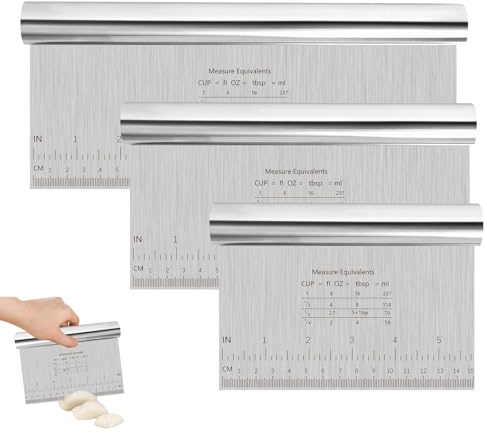 Pack of 3 Stainless Steel Dough Scrapers, Non-Stick Dough Card, Stainless Steel, 15/20/25 cm Dough Cutter with Measuring Scale, Vegetable Scoop, Kitchen Scraper for Cake, Cake, Pizza, Pie, Dough