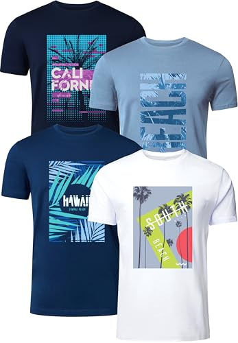 FULL TIME SPORTS Pack de 4 Camisetas Estampadas Hombre, Manga Corta, 100% Algodón, PRINT-003