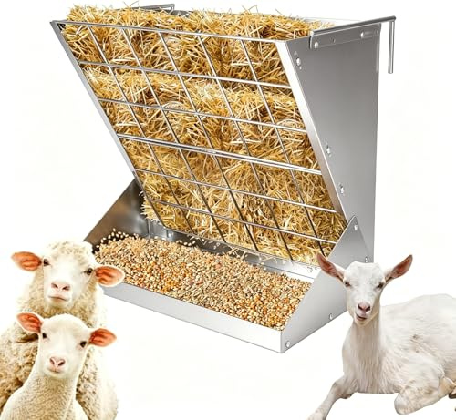 WOLEGM Grand Râtelier à Foin 2 en 1 pour Moutons et Chèvres avec Râtelier à Nourriture, Hay & Grain/Salt Feeder en Métal, Ratelier à Nourriture pour Chevaux avec Grille de Conservation de Aliment