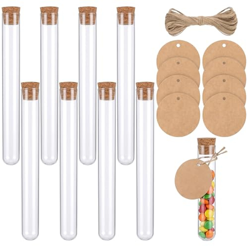LYQNIHOB 8 Pièces Tube a Essai Plastique, Tube à Essai, Tubes à Essai en Plastique, Éprouvette Transparent avec Bouchon Liège pour Bonbons Echantillon, 20 x 150 mm, avec Corde Chanvre, étiquettes