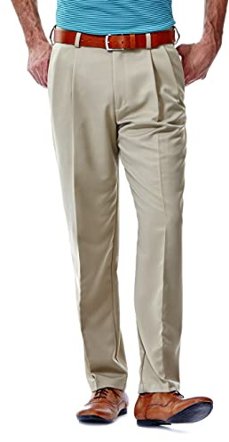 Haggar Mens Cool 18 Hidden Expandable Waist Pleat Front Pant- Regular and Big & Tall Sizes Dress Pants, British Khaki, 34W x 34L US