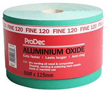 ProDec 50 m Rolle, feine, grünes Aluminiumoxid-Schleifpapier mit Körnung 120 zum Schleifen von Holz, Farbe, Putz, Spachtelmasse, Metall & mehr; Schleifpapier, kompatibel mit Maschinenschleifern