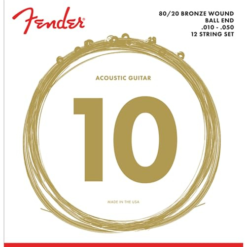 Fender 80/20 Bronze Acoustic Guitar Strings for 12-string Guitar, Ball End, 70-12L .010-.050 Gauges, (12)