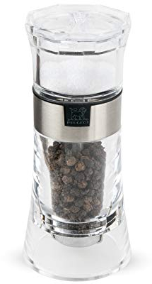 PEUGEOT - 2 in 1 Olso 11 cm Pepper Mill + Salt Shaker - Black Pepper Included - Made with PEFC Certified Wood, Stainless Steel and Acrylic - Made in France - Clear & Stainless Steel Colour