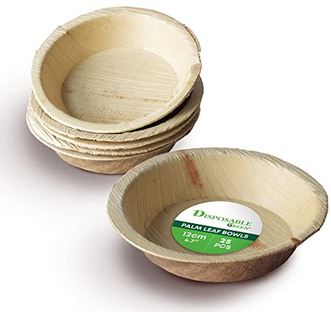 DISPOSABLE GREEN – Round Disposable Bowls, Areca Leaf Serving Bowls, Serving Bowls for Parties, Weddings, Catering, & More, Disposable Bowls for Hot Food & Cold Food, 12cm Round x 2.5cm Deep, 25-Pcs