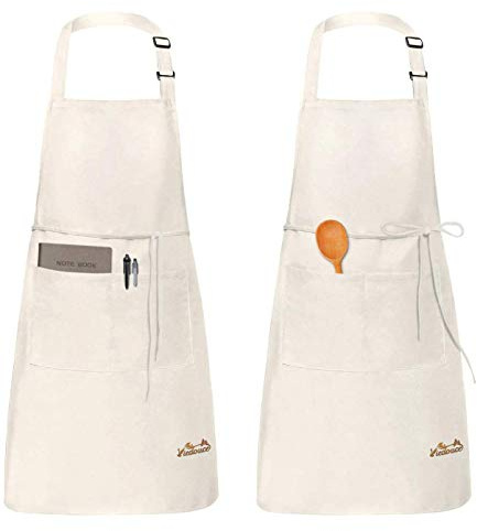 Viedouce 2 Pezzi Grembiule da Cucina Chef,Grembiule da Ristorante BBQ Bar Chef Cucina,Regolabile Grembiuli con Tasche Chef di Cucina,Impermeabile,Gembiule Cucina Uomo Donna,Bianco