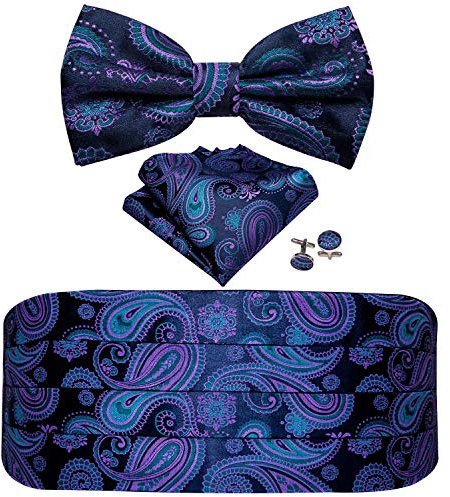 Barry.Wang Blue Cummerbund Bow Tie Set for Men Silk Paisley Cummerbund Bow Tie Pocket Square Cufflinks