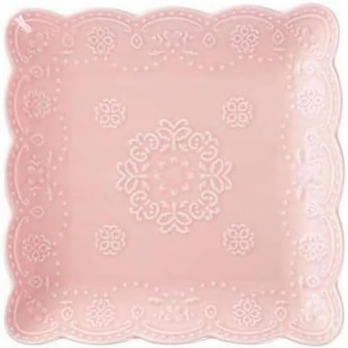YBK Tech Elegante piatto quadrato in pizzo goffrato, piatto da portata in ceramica per colazione tè pomeridiano (rosa, 25,4 cm)