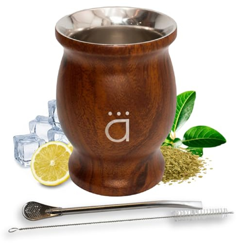 Kalmateh Traditional Yerba Mate Gourd 8.6 OZ, Modern Double Wall Stainless Steel Mate Cup with Bombilla, Filter Straw & Cleaning Brush, Design for Authentic Mate Experience - wood