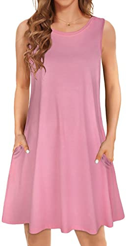 elescat Vestidos tipo camiseta para mujer, vestido de verano con bolsillos, sin mangas, mini vestido de playa (rosa sólido, 3XL)