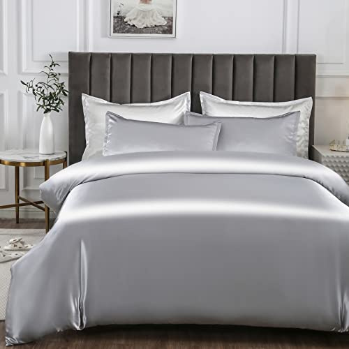 Morbuy Set di biancheria da letto con copripiumino singolo in raso di seta, con 2 federe, facile da pulire, con chiusura a cerniera, lussuoso e ultra morbido, 3 pezzi, 135 x 200 cm, colore: argento