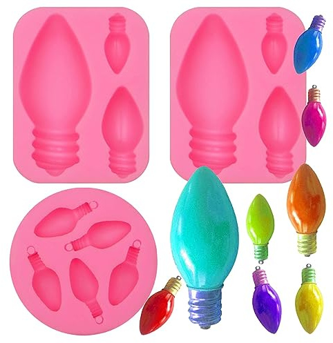 Christmas Lights Fondant Molds, 3 Packs Christmas Light Bulb Silicone Resin Molds for Cake Decoration, Cupcake Toppers, Christmas Tree Ornament, Resin Polymer Clay