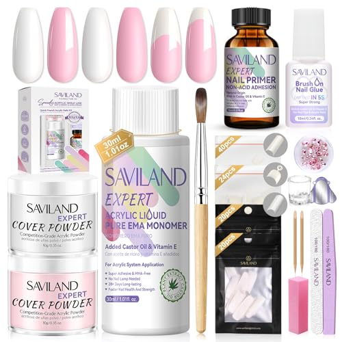 Saviland Acrylic Nail Kit: Keratin Powder, Castor Oil, Vitamin E, EMA Monomer, Primer, Glue, 84 French Tips, Pink Rhinestones, Complete Tools for DIY Home Salon