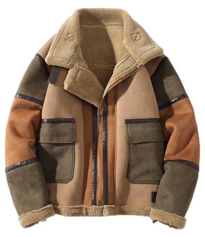 SXHEYUY Bomber da Pilota in Vera Pelle di Montone da Uomo Giubbotto Antivento Caldo Autunnale Cappotto Casual Multitasche Vintage da Moto Uomo,Ottone,XXL