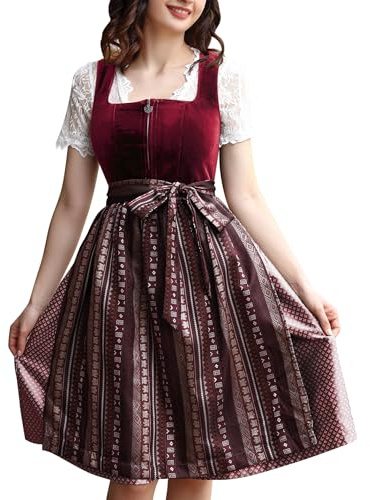 KOJOOIN Dirndl en Velours pour Femme Ensemble de Robe Traditionnelle Midi 3 pièces avec Jupe Traditionnelle Chemisier Dirndl Tablier de Dirndl pour Oktoberfest Velours Vin Rouge 40