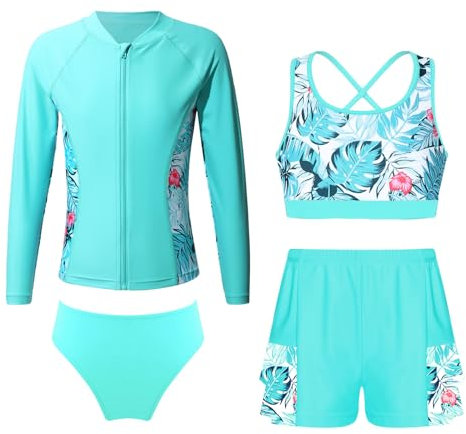 Alvivi Mädchen Bikini Tankini Set 4 Teilig Badeanzug UV Schutz Langarm Rash Guard + BH Tops + Shorts + Slips Sommer Schwimmanzug Badebekleidung Grün 158-164