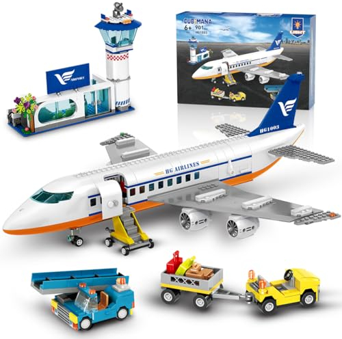 CUBIMANA Large City Passenger Airplane Building Toys with LED Light, 21 Inches Plane Building Sets with 2PCS Luggage Trucks, Terminal, Radar Tower, Birthday Gifts for Kids Boys Girls Age 6-12 (901pcs)