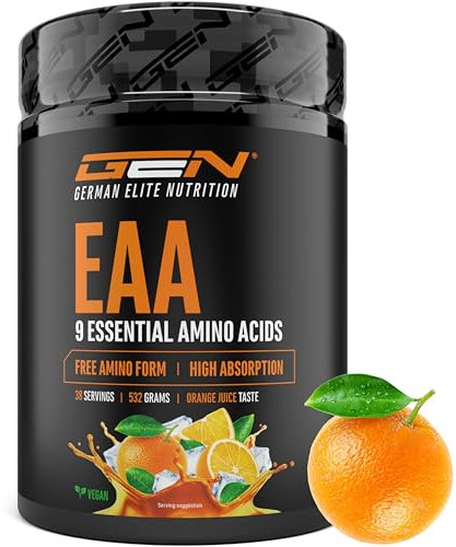 EAA Pulver 532 g - Alle 9 essentielle Aminosäuren inkl. Histidin & BCAA - Human Code Formel - Amino Workout Drink - Lecker & Top Löslichkeit - Vegan (Orange Juice)
