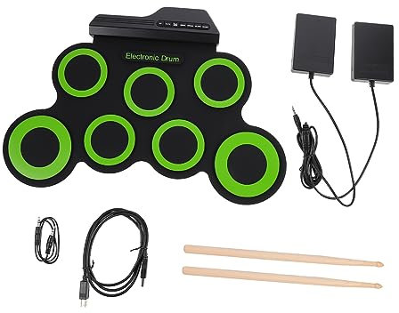 BESTonZON Portable Hand Roll up Electric Drum Kit Silicone Foldable Practice Drum Set Usb, Green Portable Music Instrument Suitable for Travel and Indoor Use
