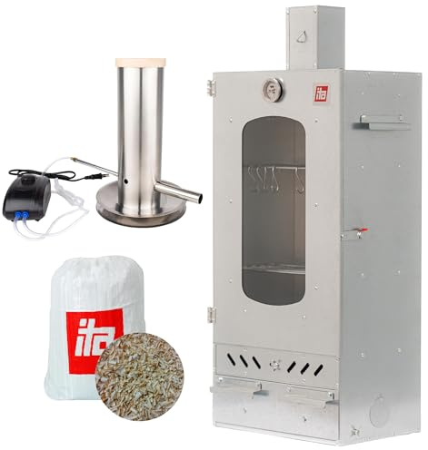 ITA Affumicatore 7012 - Set Smoker con Generatore di Fumo - Armadio con Finestra e Camino - Acciaio Legato - Qualità UE, Diretto dal Produttore - 81 cm con 3 Ripiani