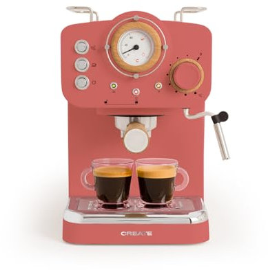 CREATE / THERA RETRO/Cafetera Express Semiautomática terracota mate y madera / 20 bares, brazo doble salida, depósito 1,25L, café molido y monodosis ESE 55mm, con vaporizador, 1100W