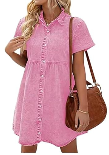 Placitiume Babydoll-denimklänning för kvinnor, kortärmad, button-down jeanskjortklänning med nivåer, Rosa, L