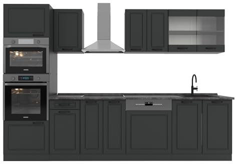 Vicco Küchenzeile R-Line, Anthrazit Landhaus/Anthrazit, 300 cm mit Hochschrank, AP Anthrazit