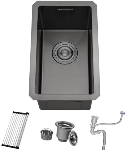 Black Stainless Steel Kitchen Sink 0.5, Bokaiya Undermount or Topmount Fitting into Sink Unit, Small Single Bowl, Mini Basin Outdoor Rv with Strainer Waste & Overflow Kit, Roll-up Rack and Siphon