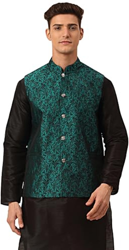 Maple Clothing Men's Jacquard Nehru Jacket Traditional Indian Waistcoat (Green, L)