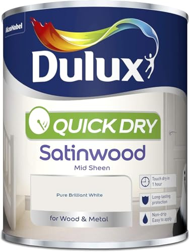ASA® Dulux Non Drip Quick Dry Satinwood Paint Easy to Apply Water Based Mid Sheen Low Odour Touch Dry in 1 Hour Non Yellowing Durable For Interior Wood Metal Finish Pure Brilliant White 750ml