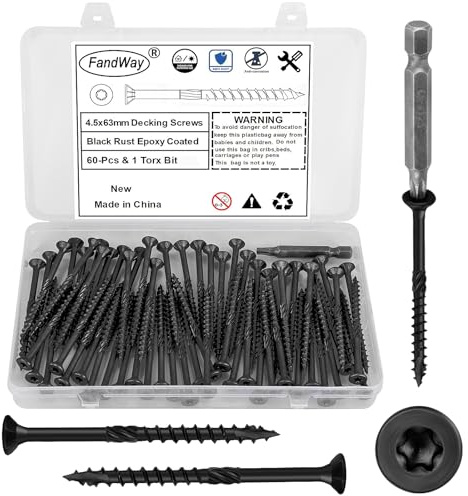 FandWay 60 viti per legno Torx 4,5 x 63 mm, viti per truciolato nero epossidico, viti a testa svasata, viti per costruzione del tetto, viti universali con attacco T25 Torx.