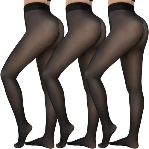 HONGTEYA 3 Pairs Fleece Lined Tights Women - Warm Sheer Pantyhose Fake Translucent Tights Winter Thermal Leggings (US, Alpha, Large, Regular, Regular, Translucent Black)