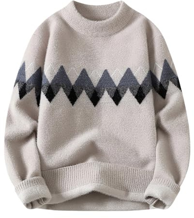 Maglione da uomo all'uncinetto, maglione invernale, maglione in lana, oversize, maglione lungo autunno a quadri, senza cappuccio, vintage, collo geometrico, O kaki, XL