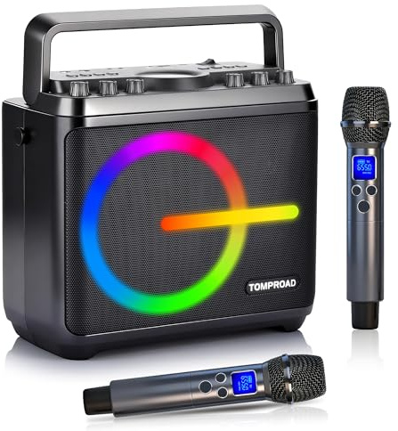 Máquina de karaoke, altavoz Bluetooth con 2 micrófonos inalámbricos, sistema PA portátil para adultos y niños con luces LED, ajuste de graves/agudos, tarjeta TF/USB, REC para fiestas en casa (negro)