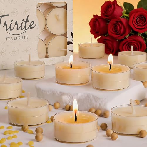 12 Pack Scented Beeswax Tealights Candles, Beeswax & Soy Rose Tea Light Candle, 4 Hours White Tea Scented Beeswax Candles with Essential & Natural Oils for Home & Party