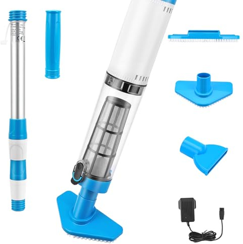 Aspirapolvere per Piscina a Batteria 20L/min, Pulitore Piscina Senza Fili, Accensione Automatica Sensore Immersione 38cm, Testine Intercambiabili, Asta Telescopica 103-162cm