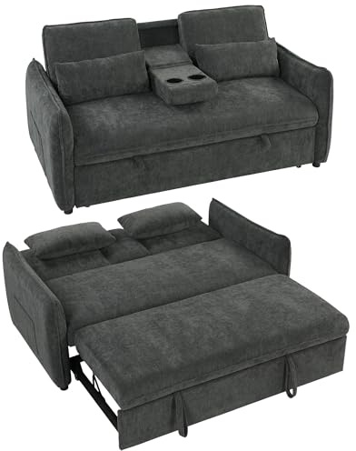 HOMCOM Sofá Cama 2 Plazas 3 en 1 Mesa Auxiliar 2 Almohadas Gris Oscuro