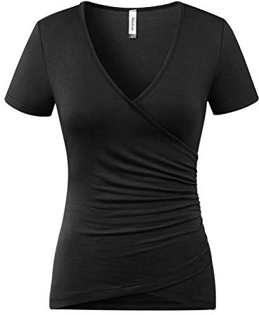 Beauhuty Women's Plus Size Tops Deep V Neck Ruched T-Shirts Front Surplice Wrap Short Sleeve Sexy Tees (XXL, Short-Black)